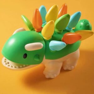 Green dinosaur Montessori toy with colorful peg spikes for kids, designed for number and color recognition.