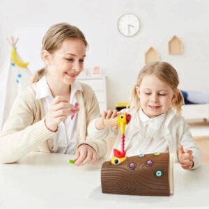 Toddler playing with a magnetic Whack-A-Mole toy, pulling up pieces from a wood-style base using a safe magnetic tool